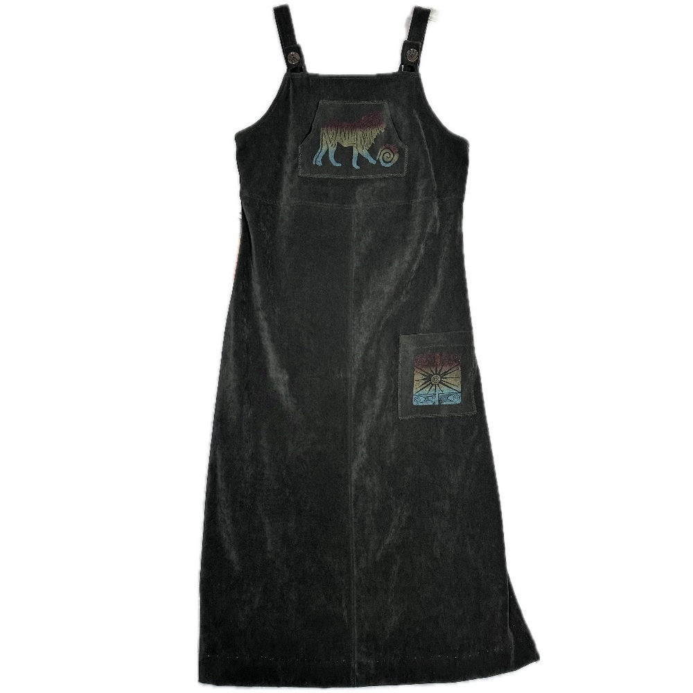 Boho Vtg Forest Green Lion print Velvet Pinafore Dress Jumper Friends Phoebe